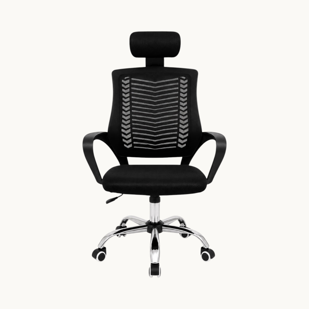 Silla ergonómica SIT Prime de color negro con respaldo de malla transpirable, apoyacabezas y base cromada con ruedas.