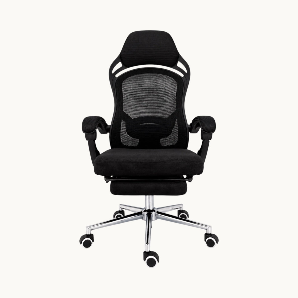 Silla ergonómica SIT Ergo de color negro con respaldo de malla, soporte lumbar, apoyabrazos y base cromada.