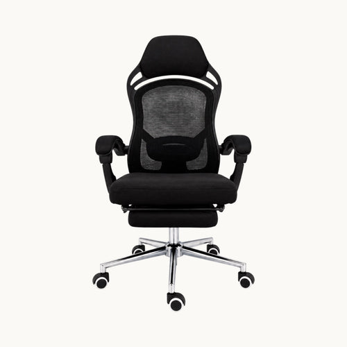 Silla ergonómica SIT Ergo de color negro con respaldo de malla, soporte lumbar, apoyabrazos y base cromada.