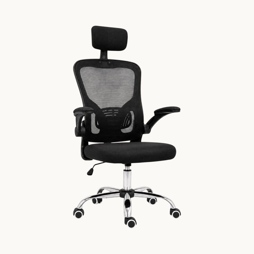 Silla ergonómica SIT Vertex negra con respaldo de malla, soporte lumbar, reposacabezas y base cromada con ruedas.