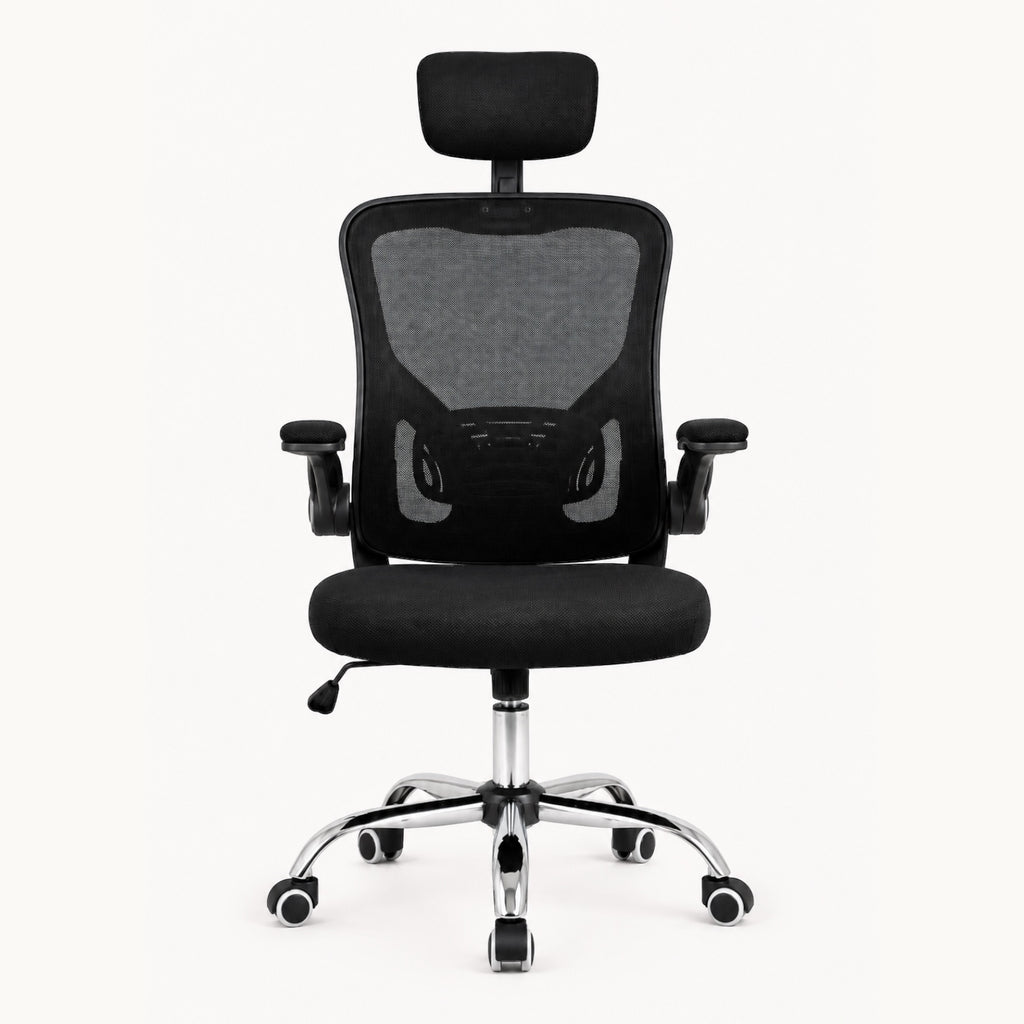 Silla ergonómica SIT Vertex negra con respaldo de malla, soporte lumbar, reposacabezas y base cromada.