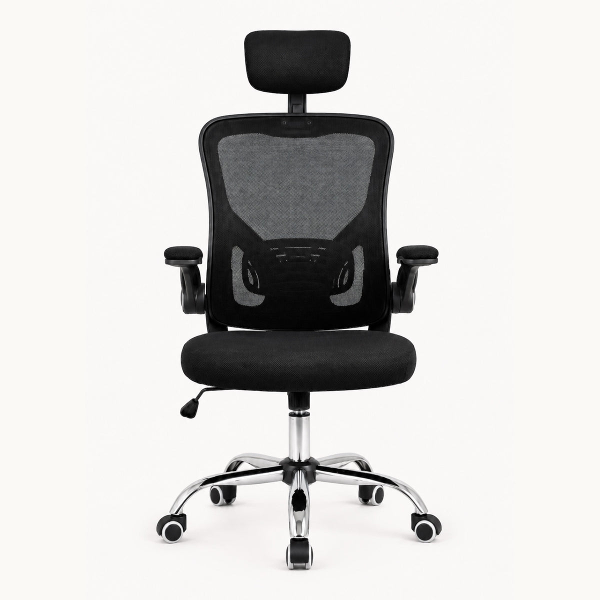 Silla ergonómica SIT Vertex negra con respaldo de malla, soporte lumbar, reposacabezas y base cromada.