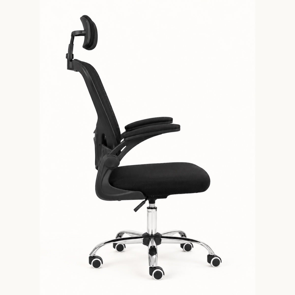 Silla ergonómica SIT Vertex negra con respaldo de malla, soporte lumbar, reposacabezas y apoyabrazos retráctiles.