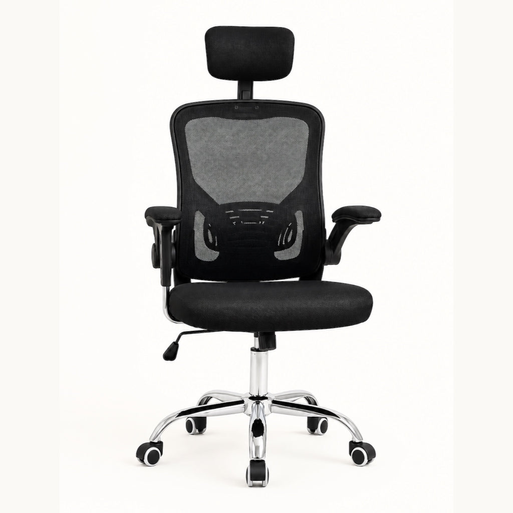 Silla ergonómica SIT Vertex negra con respaldo de malla, soporte lumbar, reposacabezas y base cromada con ruedas.