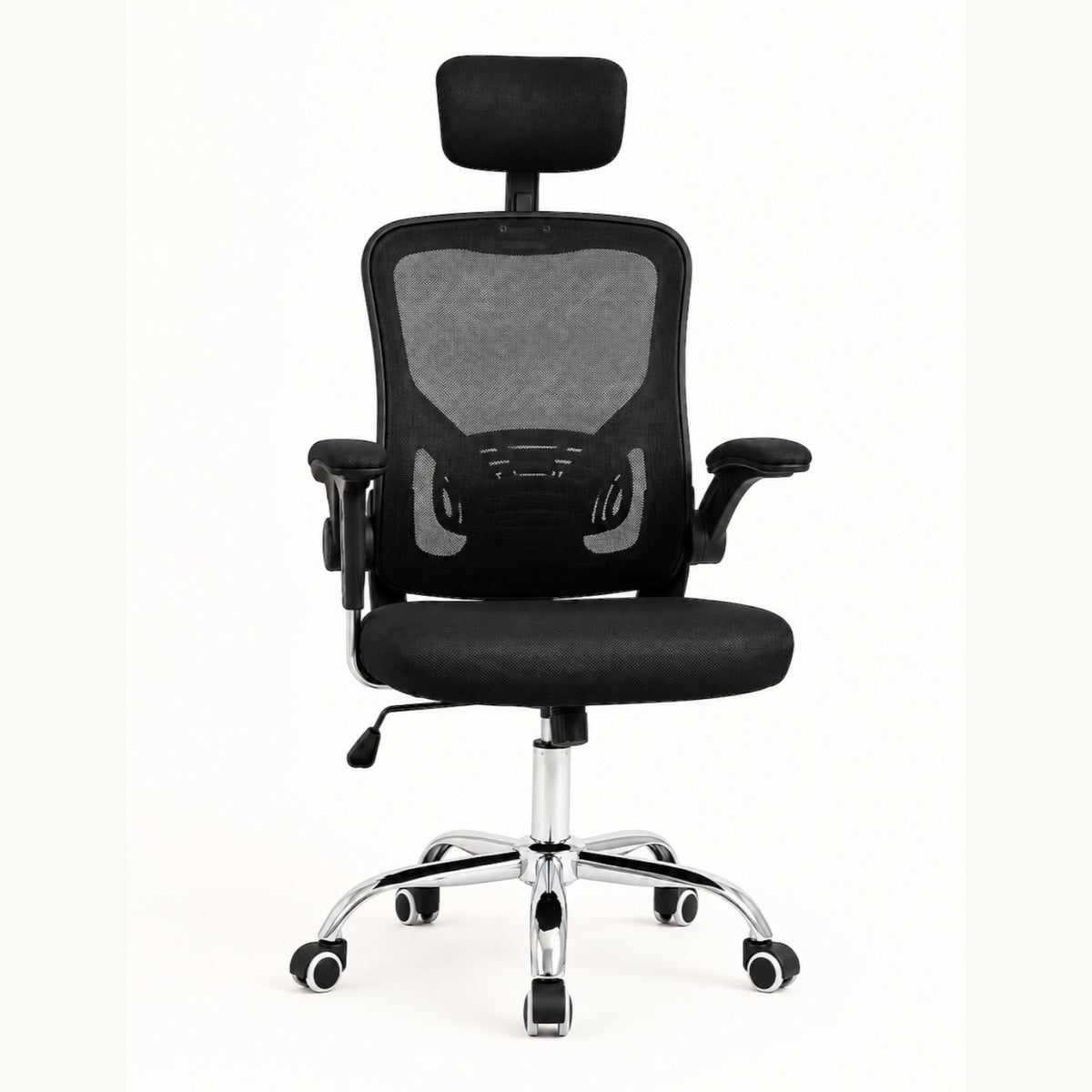 Silla ergonómica SIT Vertex negra con respaldo de malla, soporte lumbar, reposacabezas y base cromada con ruedas.