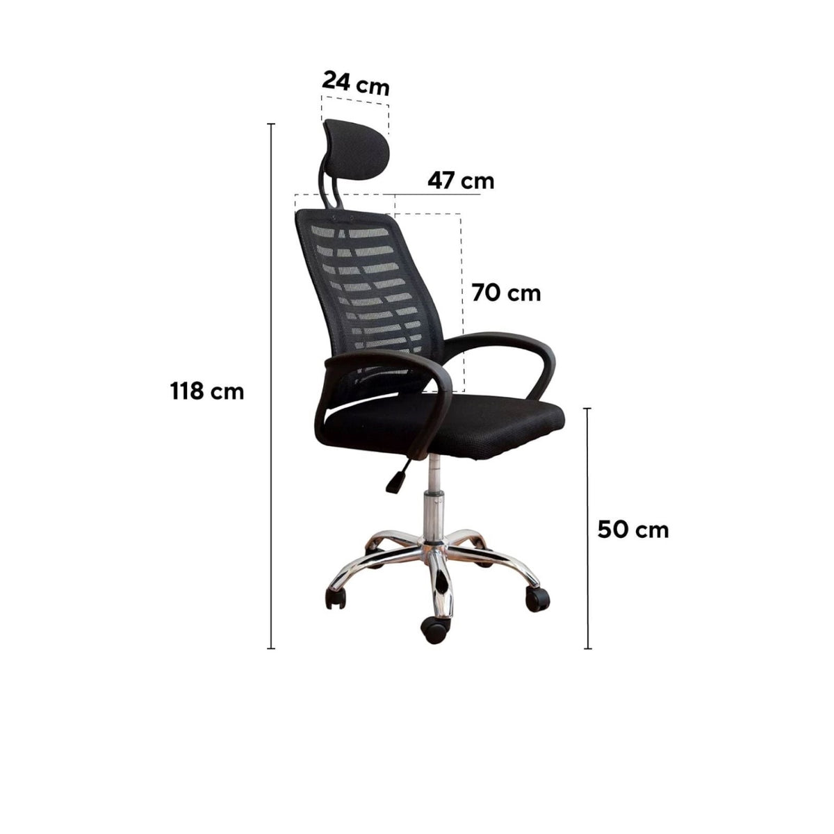 Silla de oficina ergonómica SIT Zenith negra con respaldo de malla, cabecera y base cromada con medidas detalladas