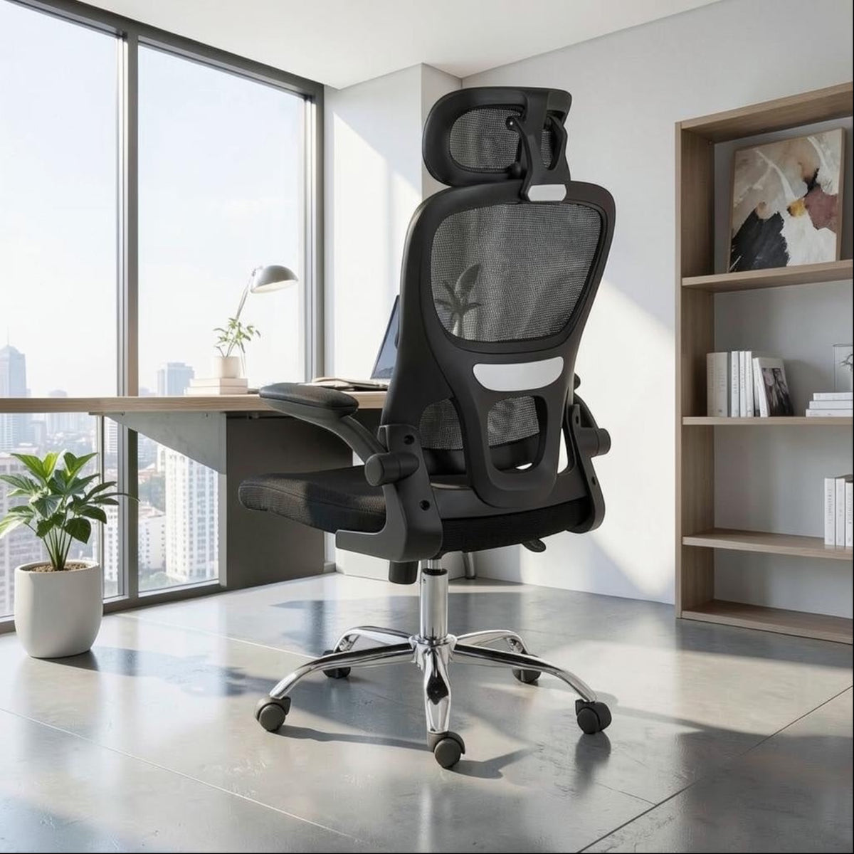 Silla de oficina ergonómica SIT Titán4 con respaldo de malla negra, asiento acolchado y base giratoria en estudio.