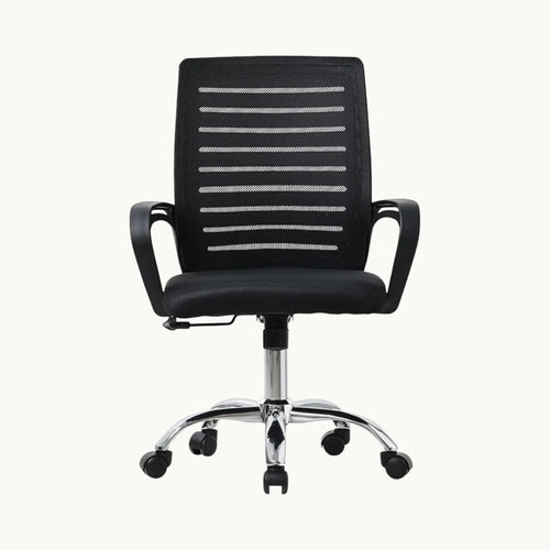 Silla de oficina ergonómica SIT Air en color negro con respaldo de malla transpirable y base metálica cromada