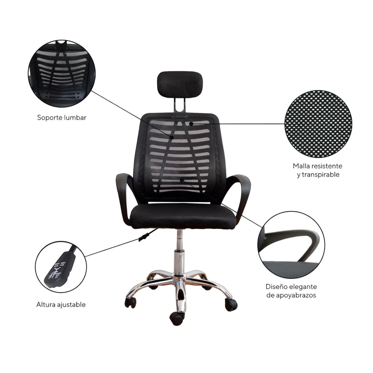 Silla de oficina ergonómica SIT Zenith negra con malla transpirable, soporte lumbar, cabecera y base cromada giratoria.