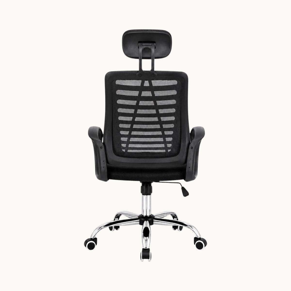 Vista trasera de la silla ergonómica SIT Zenith con respaldo de malla negra, cabecera y base cromada de cinco ruedas.